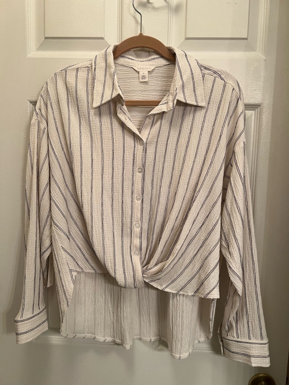 Caslon Lightweight Button-Front Striped Shirt - Cream & Gray